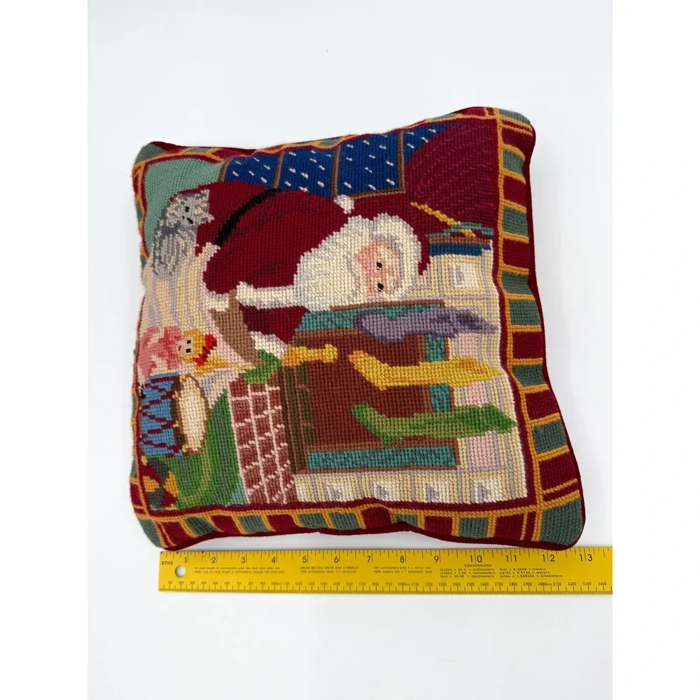 Christmas Needlepoint Throw Pillow Santa Toys Stockings‎ Red Wool Velvet